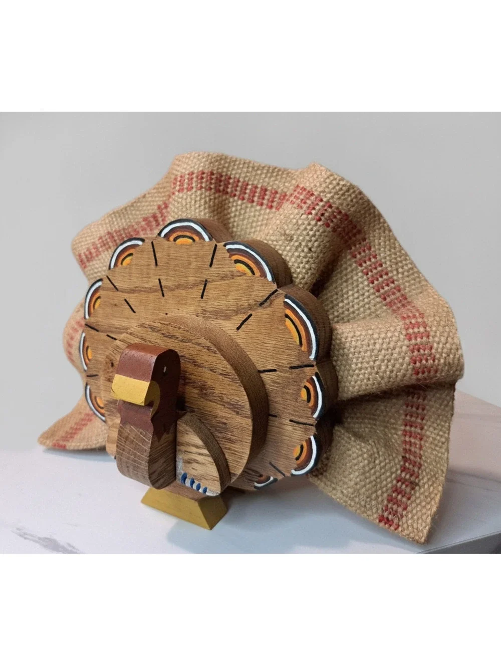 Vintage Hand-crafted Standing Burlap and Oak Fall Turkey Decoration 8
